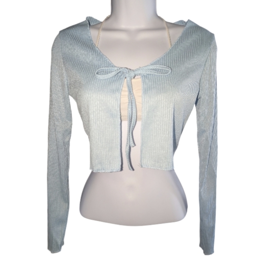 Light Blue Ribbed Tie-Front Top - Picture 4 of 7